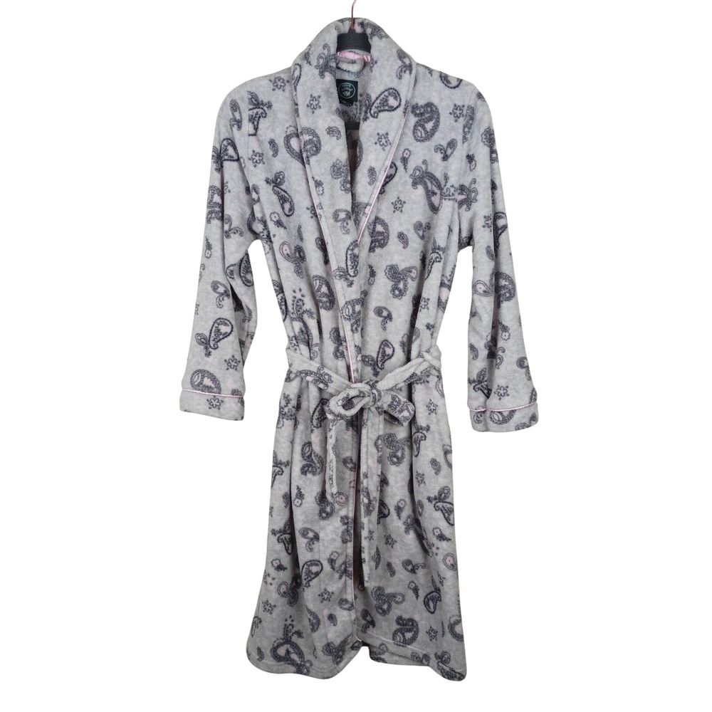 Laura Ashley Grey Pink Paisley Plush Fleece Robe Shawl Collar Size Large